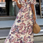 Unique Print V-Neck Waist Holiday Maxi Dress
