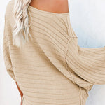 Apricot Solid Color Ribbed Knit 3/4 Sleeve Pullover Sweater