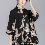 Original Crane Printed Buttoned Stand Collar Half Sleeves Blouse