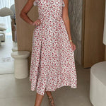 Floral Print Square Neck Pleated Back Midi Dress