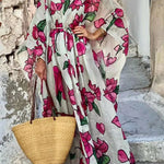 Floral Print Dolman Sleeve Belted Loose Maxi Dress