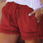 10 Colors Casual Drawstring High Waisted Denim Fringed Shorts