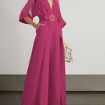 Solid Color Split-Front Contrast Color Tied Waist High Waisted V-Neck Jumpsuits
