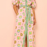 Lantern Sleeves Button Down Tie Waist Printed Midi Shirt Dress