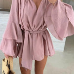 Molly Linen Blend Tiered Bell Sleeve Tie-up Cover-up Mini Dress