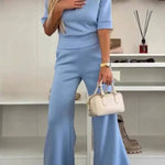 Casual suit short sleeve solid color high waist wide leg pants
