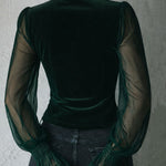 Gothic Lace Trim Black Velvet Corset Blouse With Sheer Sleeves