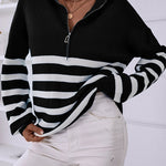 V Neck Collar Ribbed Knitted Stripe Pullover Sweater