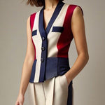 Sleeveless Buttoned Contrast Color V-Neck Vest Top