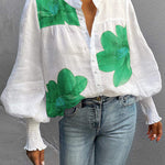 Loose Puff Sleeves Buttoned Flower Print Stand Collar Blouses&Shirts Tops