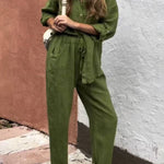 Casual Solid Color V-Neck Shirt & Pants Cotton Linen Two-Piece Set
