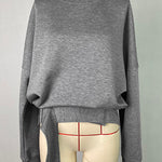 Long Sleeves Loose Belt Buckle Solid Color Round-Neck Sweatshirt Tops