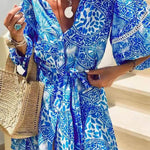 Fashion Stand Collar Shift Printed Resort Mini Dress