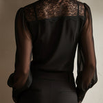 Retro Elegant Lace Stand-up Collar Tie Neck Chiffon Blouse