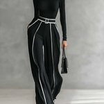Women's White Trimmed Turtleneck Long Sleeve Top Wide Leg Pants Belt Two-Piece Set
