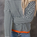 Striped Color Contrast Dropped Shoulder Long Sleeve Top