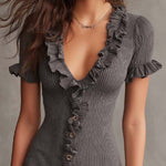 Vintage Ribbed Ruffle Button-Front Knit Dress