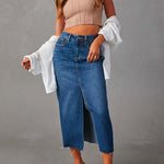 Margovil High Rise Raw Hem Slit Front Denim Midi Skirt