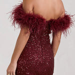 Margovil Off Shoulder Feather Trim Sequin Mini Party Dress