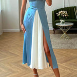 Margovil Tie Shoulder Color Block Splice Swing Midi Cami Dress