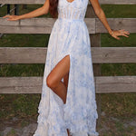 Margovil Back Lace-up Ruffle Hem Slit Floral Print Maxi Cami Dress