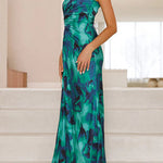 Margovil One Shoulder Drawstring Cut Out Printed Maxi Pleated Dress