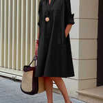 Simple Long Sleeves Solid Color Lapel Midi Dress
