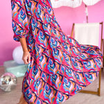 Multicolor Abstract Geometric Print Notch Neck Tiered Boho Dress