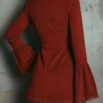 Retro Bell Sleeve Embroidered Rust Red Microsuede Lace Mini Dress