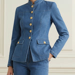 Long Sleeves Buttoned Pockets Solid Color Stand Collar Outerwear