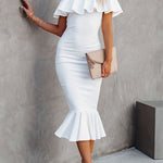 Perfectly Ruffle Off Shoulder Midi Dress