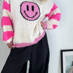 Positivity and Warmth Knit Happy Face Contrast Color Loose Sweater