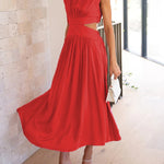 Cap Sleeve Belly-Hollow Pleated Solid Color Stand Collar Maxi Dresses