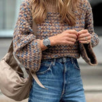 Brown and blue heathered chunky knitted turtleneck and flared sleeve sweater
