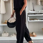Leva Linen Blend Drawstring Short Sleeve Top and Elastic Waist Pocket Loose Tapered Pants