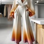 Loose Puff Sleeves Gradient Split-Joint Lapel Blouses&Shirts Tops