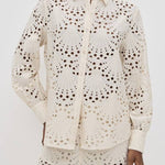 Lillah Embroidered Lace Shell Pattern Long Sleeve Loose Blouse