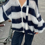 Margovil Lantern Sleeves Button Down Color Block Stripes Sweater with Scarf