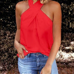 Margovil Criss Cross Halter Solid Sleeveless Top