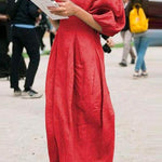Margovil Lantern Sleeve Ruched Midi Cotton Linen Dress