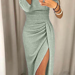 Margovil Off Shoulder High Slit Ruched Glitter Dress