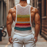 Men's Casual Round Neck Color Striped Crochet Tank Top