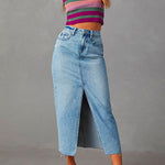 Margovil High Rise Raw Hem Slit Front Denim Midi Skirt