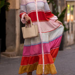 Puff Sleeves Contrast Color Split-Joint Round-Neck Maxi Dresses Shirt Dress