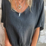 Linen Blend Solid Color V-neck Loose Pleated Casual Top