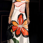 Bodycon Short Sleeves Flower Print Hollow Cold Shoulder Maxi Dresses