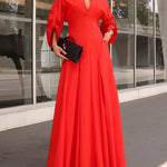 A-Line High Waisted Pleated Solid Color V-Neck Maxi Dresses Shirt Dress