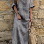 Cotton and linen yarn-dyed striped loose long dress