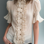 Retro Romantic Puff-Sleeve Champagne Ruffled Chiffon Blouse