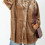 Khaki Casual Button Down Plus Size Velvet Shirt